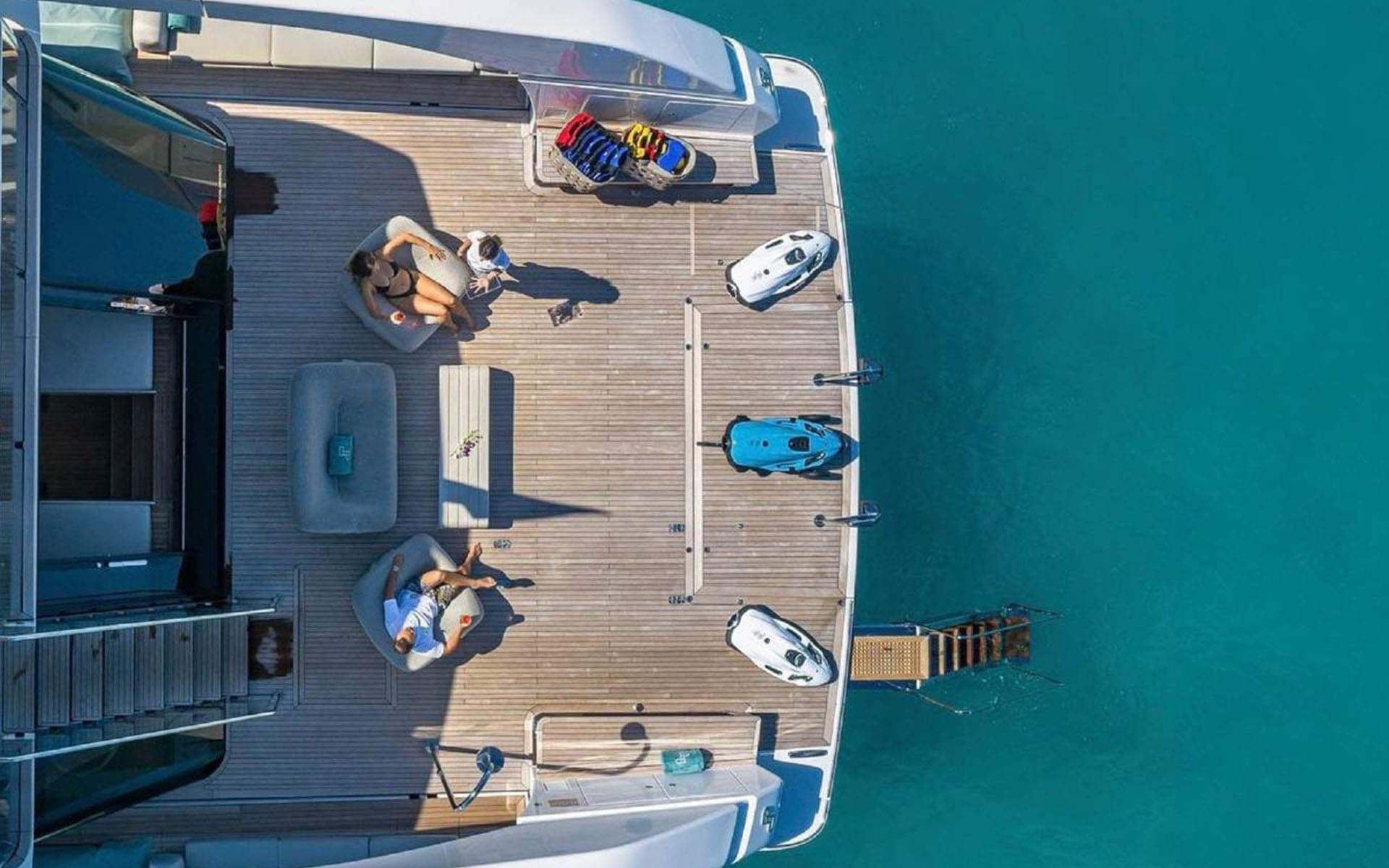 The beach-club aft deck of the 112' Sanlorenzo, seen from above