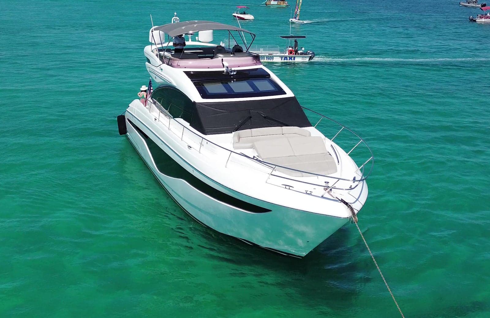 The 62' Princess from above the bow, showing the sun pad, sunroof and sportbridge