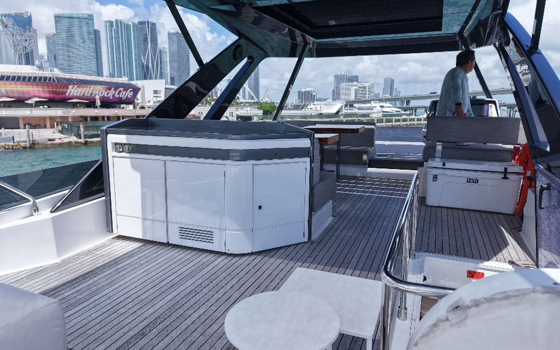 Flybridge with bar, seating and hardtop on the 80' Ferretti