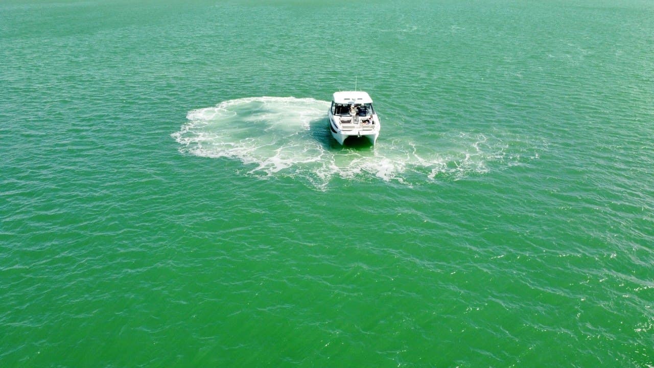 Aerial view of the 36' Aquila power catamaran, a private yacht charter with Well Played Editions in St. Petersburg, Florida