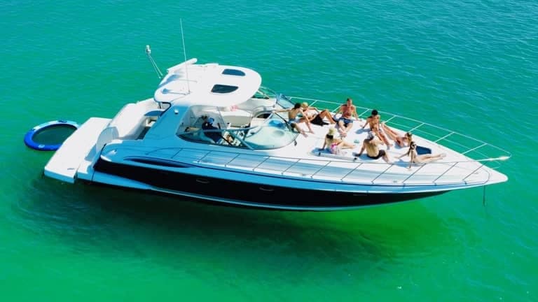Guests sunning on the bow of the 48' Formula, seen from above
